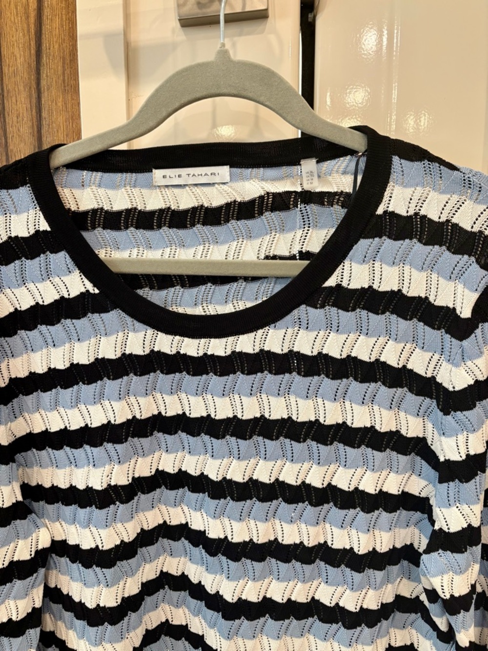 Elie Tahari Black, White & Light Blue Striped Scoop Neck Sweater - Picture 2 of 5